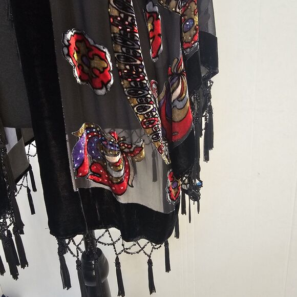 JBS LTD Vintage Kimono Velvet Burnout Sz 3X Fringe Beaded Bohemian Festival W486 - Picture 2 of 10